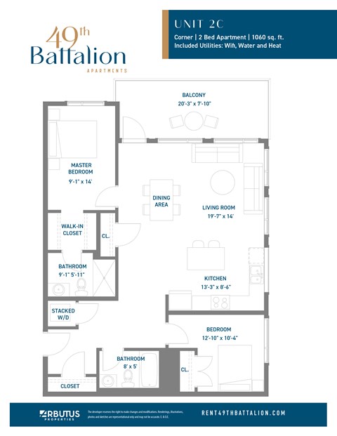 Floor plan for 2 beds, 2 baths, 1060 sqft